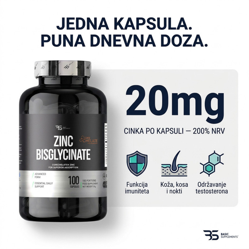 Cink Bisglicinat 20 mg - Zinc Bisglycinate CoreChelate®, 100 kapsula - Slika 2